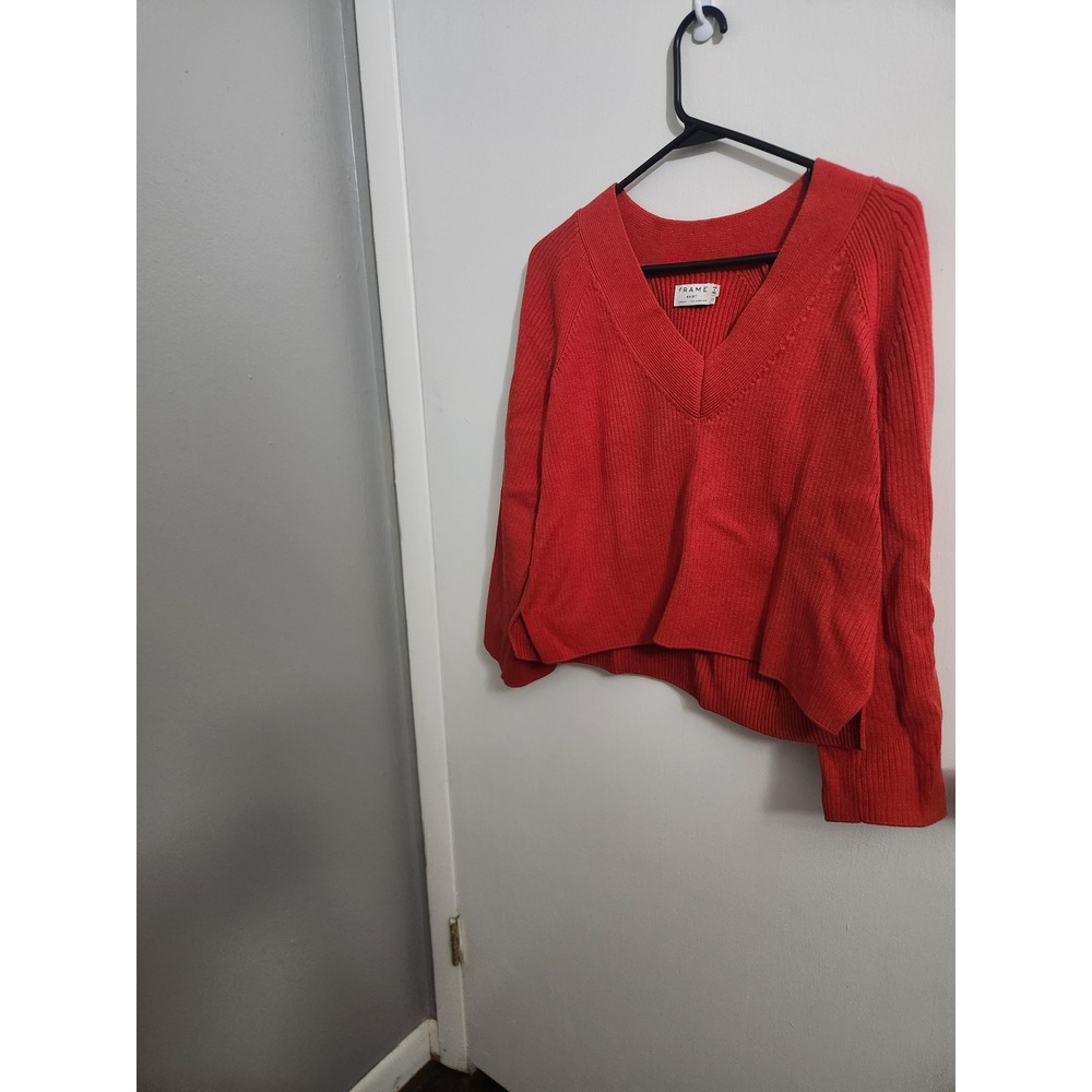 Frame Denim Red Ribbed V-Neck Sweater Womens XS Boxy Raglan Sleeve Slit Hem